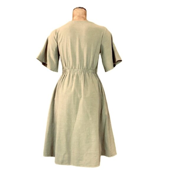 Polagram Cotton Dress Button Top A-Line Minimalist Sz M Khaki-Beige 295A - Picture 6 of 10
